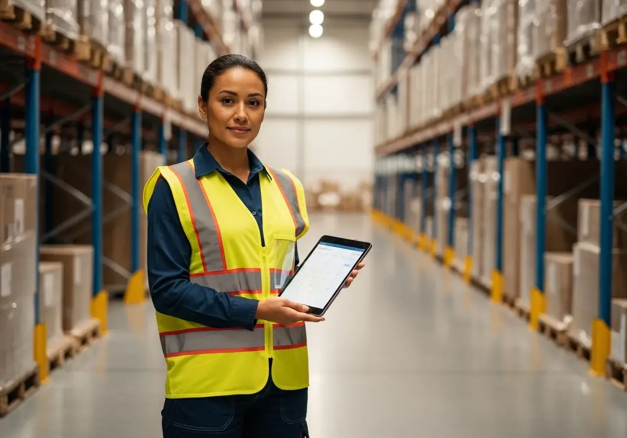 Warehouse safety associate completing a Safety Team training on a tablet in a distribution center aisle