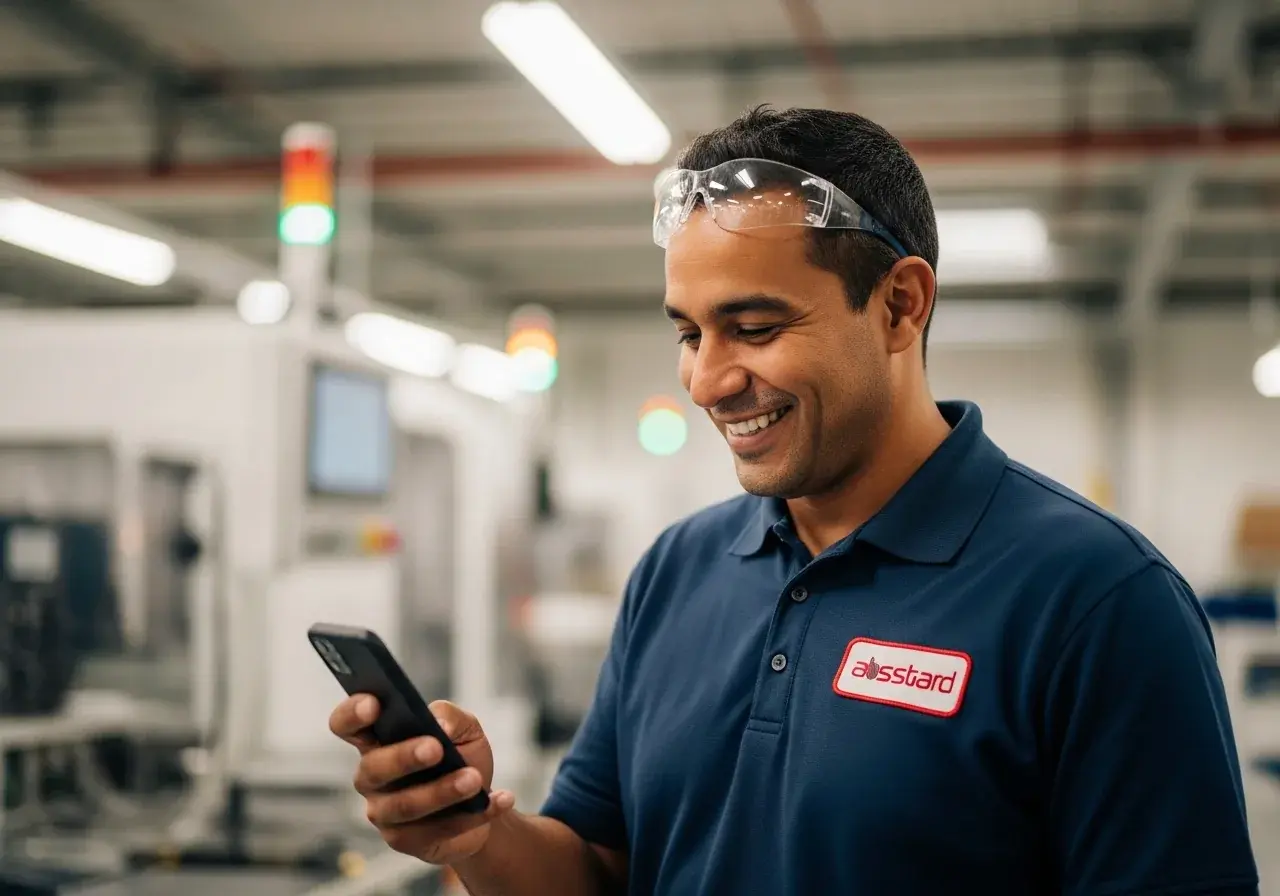 Manufacturing technician receiving a Safety Team welcome text on his phone on the production floor